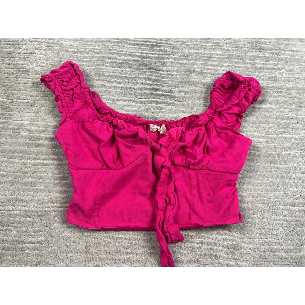 Mustard Seed Crop Top Womens Medium Pink Milkmaid Smocked Front Tie BE23064